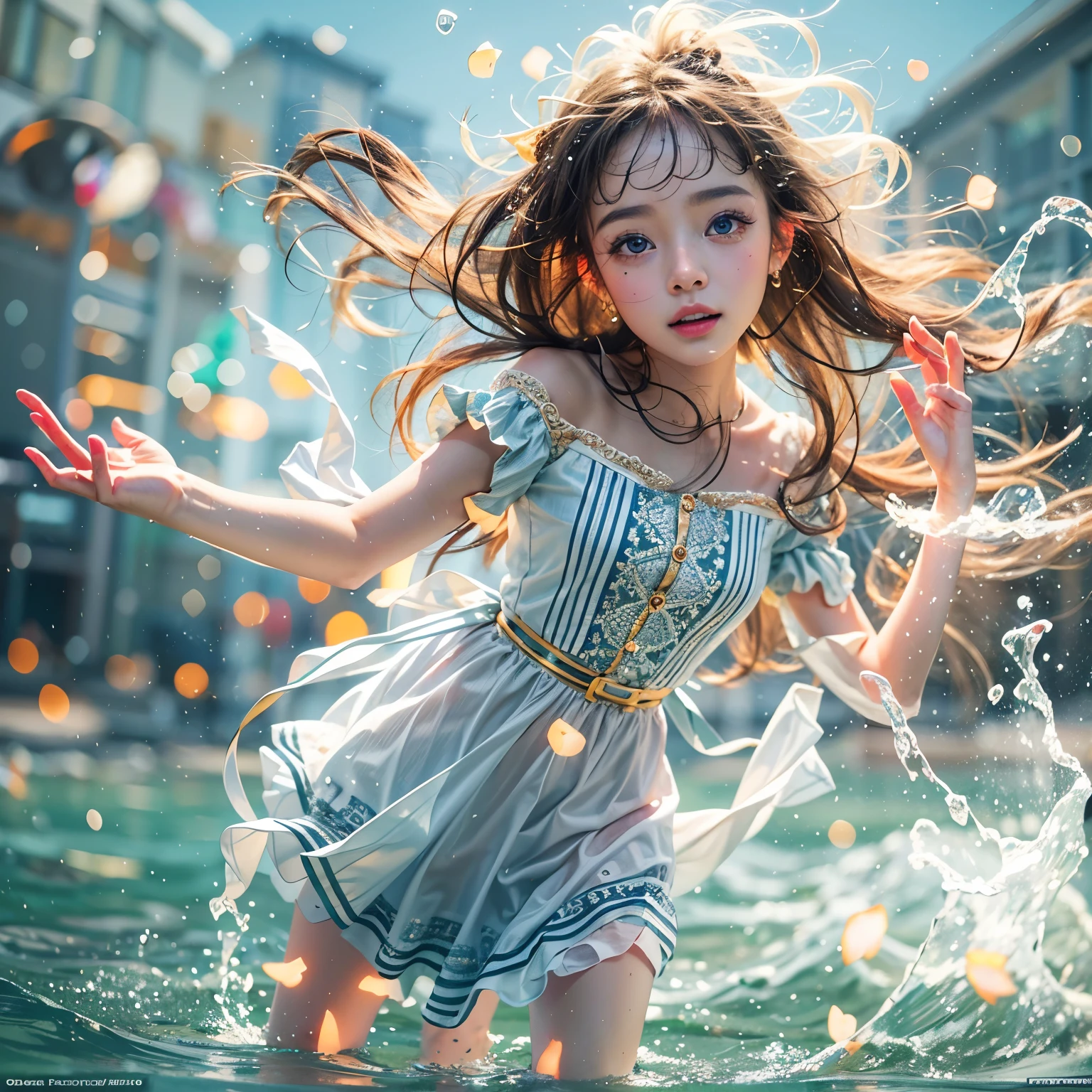 (8K TopQuality masterpiece: 1.2)(Realistic ProfessionalPhoto:1.37), VolumetricLighting. Tiny Girls, girl jumping into the water、Falling、splash water、shout、Luminous water surface、White and Bright colors, back lighting, Radiant PearlSkin, Elaborate pupil with (sparkling highlights:1.28) (Detailed KAWAII face) with cute lips, long eyelashes, Delicate clothes, {HiddenHand|Motion Blurred hand|Corrected BabyLike Hand} 