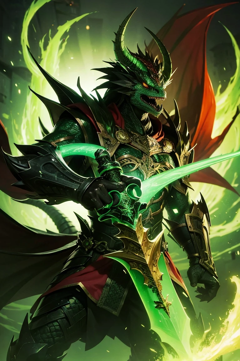 One-armed demon dragon with a huge sword in his hand covered in green flames