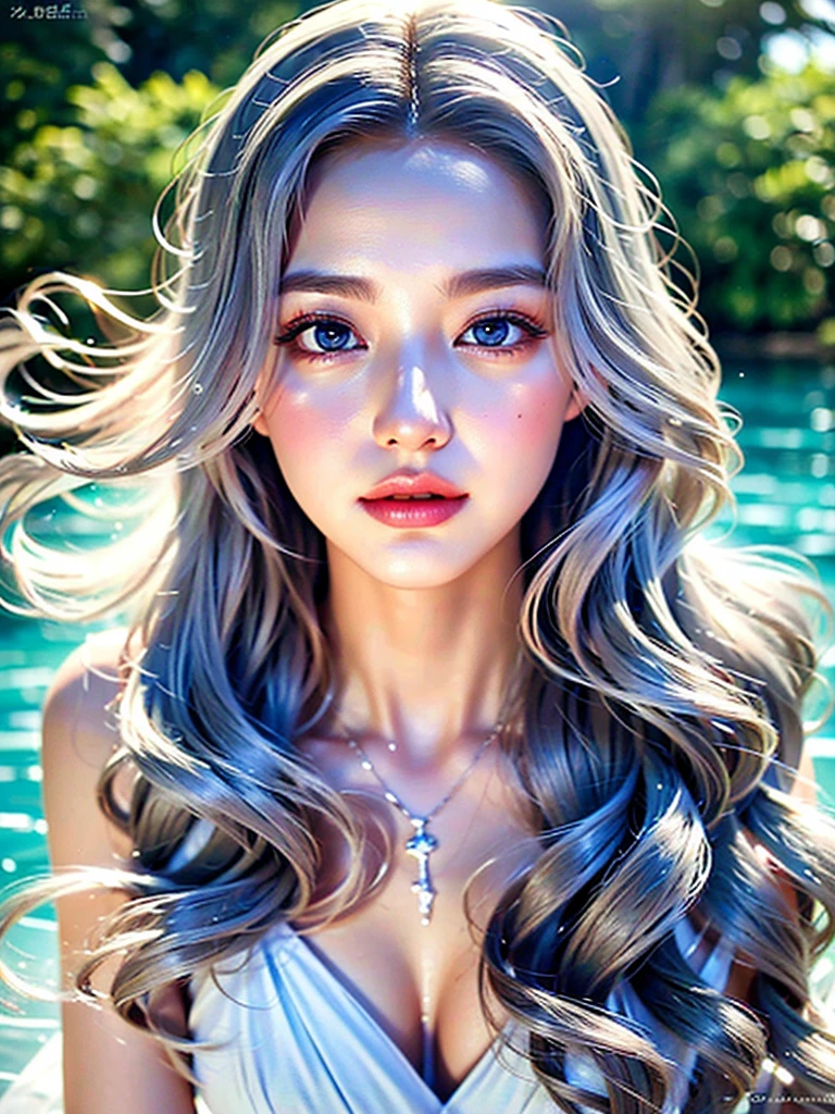 a woman with beautiful features, long grey hair, wearing a pure white dress, high quality, photorealistic, detailed portrait, extremely detailed face, beautiful eyes and lips, long eyelashes, well-proportioned body,  perfect perspective, masterpiece, 8K, photo-realistic、It is surrounded by glass-like water.