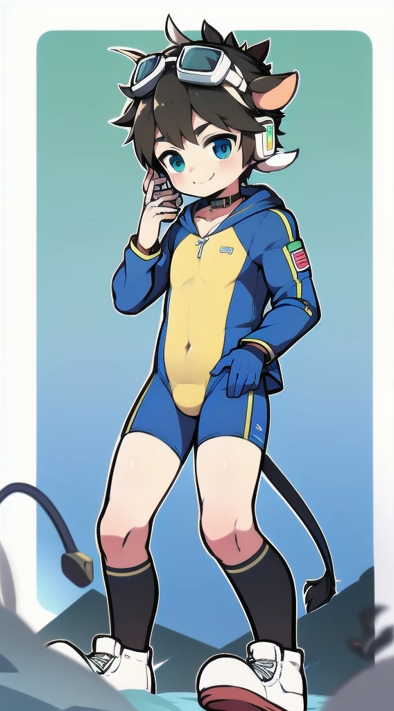 Two-dimensional boy,One-piece mountaineering suit,horn,Cow ears,Put the headphones on your head,stand up,goggles,sports shoes,Slim,Smile,Sailor collar,Knee socks,Short sleeve