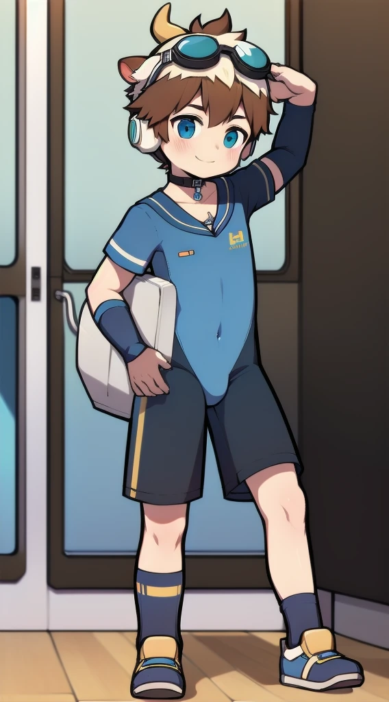 Two-dimensional boy,One-piece mountaineering suit,horn,Cow ears,Put the headphones on your head,stand up,goggles,sports shoes,Slim,Smile,Sailor collar,Knee socks,Short sleeve