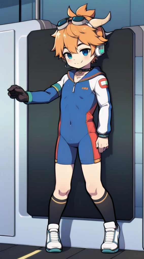 Two-dimensional boy,One-piece mountaineering suit,horn,Cow ears,Put the headphones on your head,stand up,goggles,sports shoes,Slim,Smile,Sailor collar,Knee socks,Short sleeve