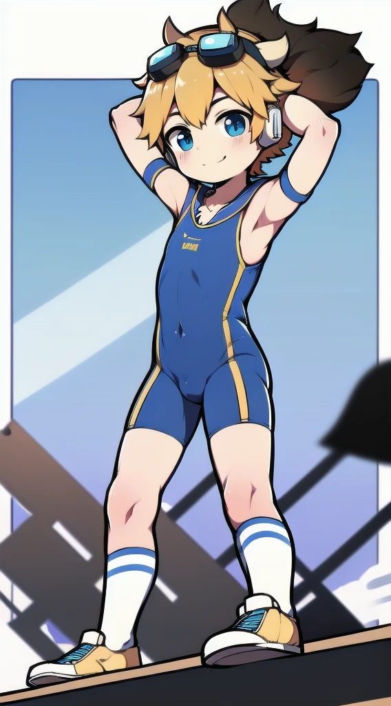 Two-dimensional boy，One-piece mountaineering suit，horn，Cow ears，Put the headphones on your head，stand up，goggles，sports shoes，Slim，Smile，Sailor collar，Knee socks，Short sleeve