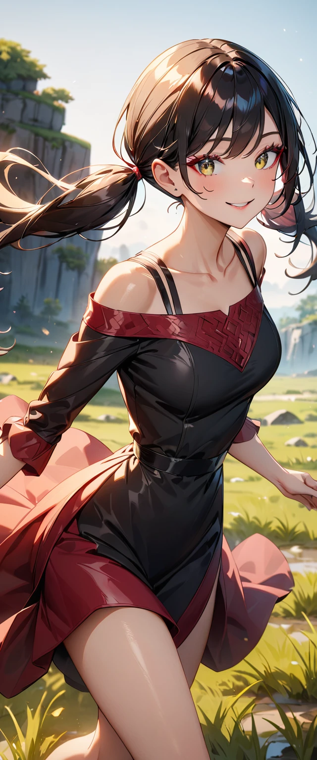 Photo of a woman with natural skin, grassland, Cowboy Shot, Dynamic pose, Smiling, High Twintails, Black hair with red mesh, Sharp eyes with red eyeshadow, Shining eyes, A thin, upturned nose, Well-shaped lips, ((Black off-the-shoulder dress, Thin shoulder straps)), barefoot, Makeup, Exquisitely crafted with the utmost attention to detail, Vibrant, amazing, Smooth, Cinematic, 4K, Backlight, ((綺麗な星空が見える広いgrassland)), Shallow depth of field, ((Detailed eyes:1.3, Detailed lips:1.3, high quality, )), masterpiece, Super detailed images, High quality