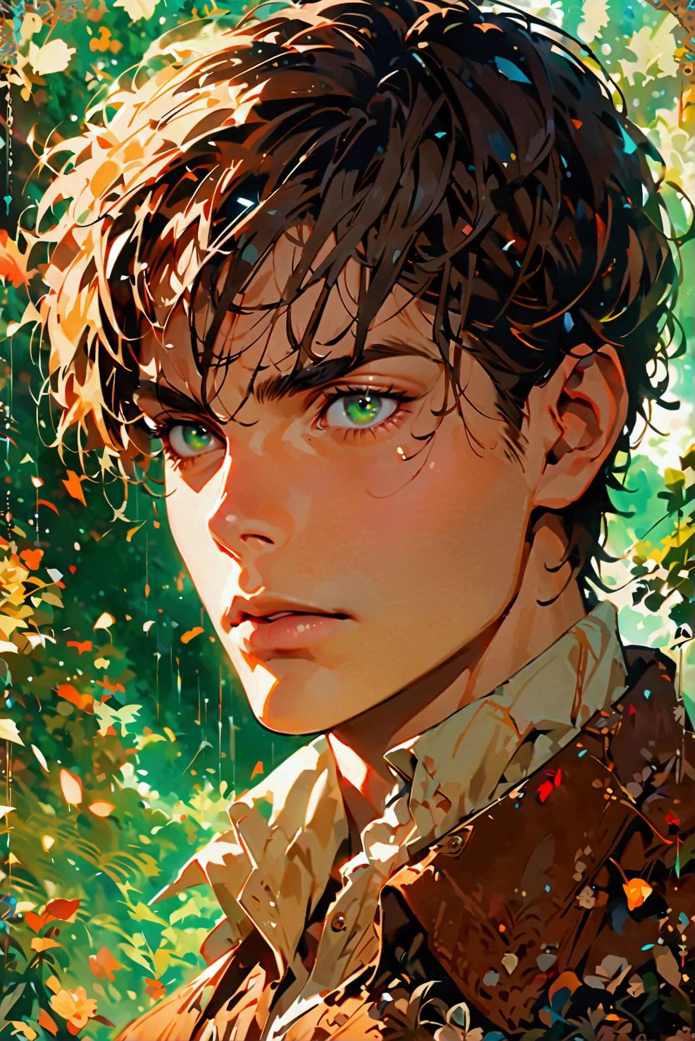 A handsome man in his 20s with long brown hair(1 male,Ellen Yeager)Green Eyes,Attack on Titan,,Intricate details,Wide range of colors,artwork,rendering,(masterpiece:1.3),(Highest quality:1.4),(Very detailedな:1.5),High resolution,Very detailed,unity 8k wallpaper,Decadent,Achieve smooth design