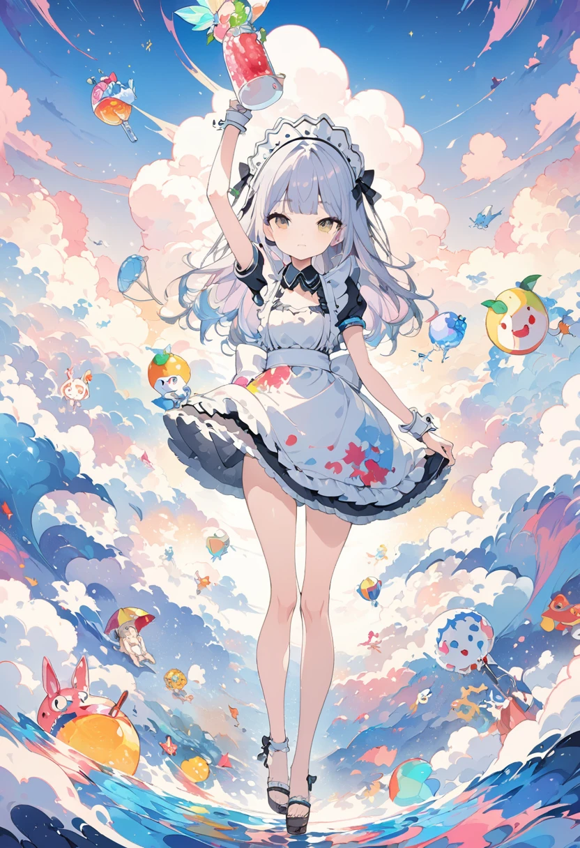 Momoko Sakura Style、8K quality、Intense watercolor,, Watercolor splash, Surreal, Avant-garde pop art, Beautiful and expressive paintings, Beautiful artwork illustration, Very colorful tones, wonderful, Cool Beauty, Highest quality、Official Art, Vector art, Stylish design, (((The most beautiful girl))), ((Thin legs))、(((Highest quality))), High resolution, ((detailed)), (((Doodle Art)), ((masterpiece)), ((Super detailed)),(((Stylish summer maid fashion))),,(Sexual),((Cool pose)))