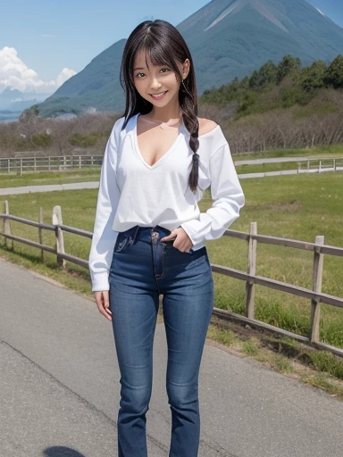 Japanese female, a lot of details, (underweight), 30 years old, detailed black hair, beautiful detailed hair, super fucking beautiful, delicate beautiful face, complex details beautiful and delicate eyes, perfect hands, (flat chest best quality:1.5), perfect and delicate limbs, detailed skin, best quality, ultra-detailed,(cheerful grin:1.5),mountain, glad, (standing), (legs spread:1.1), (hands on head), single braid, (blue long sleeves), (white jeans), japanese, in the clouds, on the mountain, blue sky and shining lights, with a mountain, beautiful, full body shot, birds-eye view