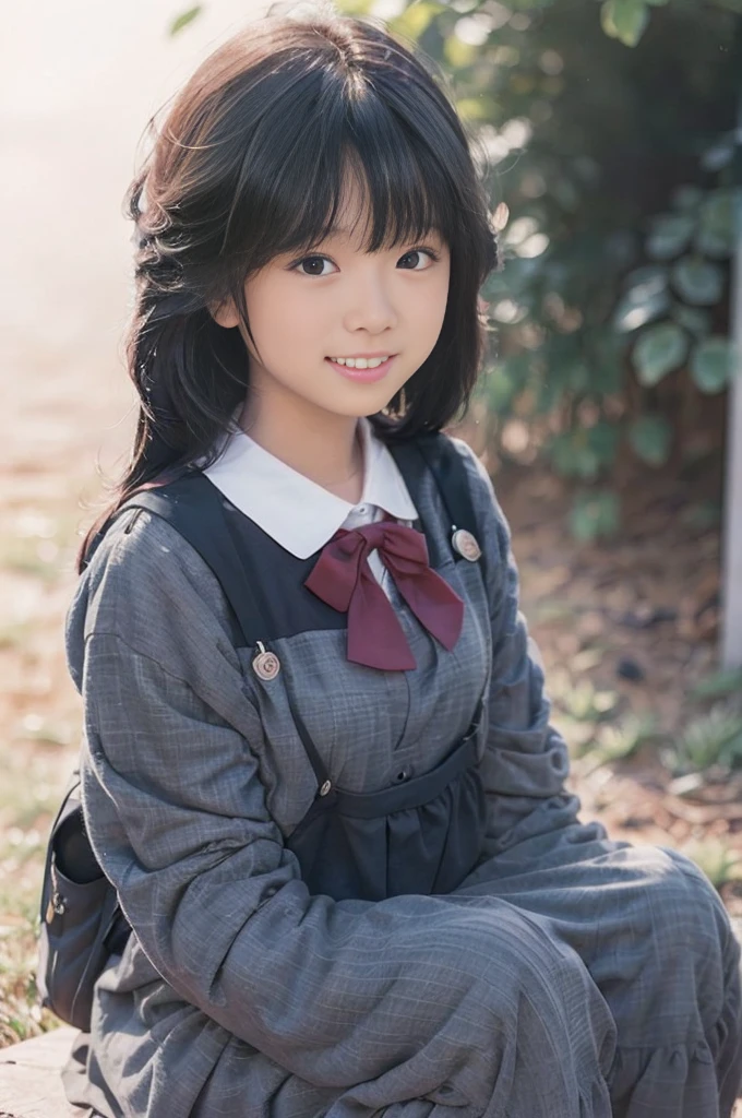 Pure Japanese school girl, sexual attractive, wearing uniform, natural hairstyles, sweet smile, sitting, refreshing in early summer,