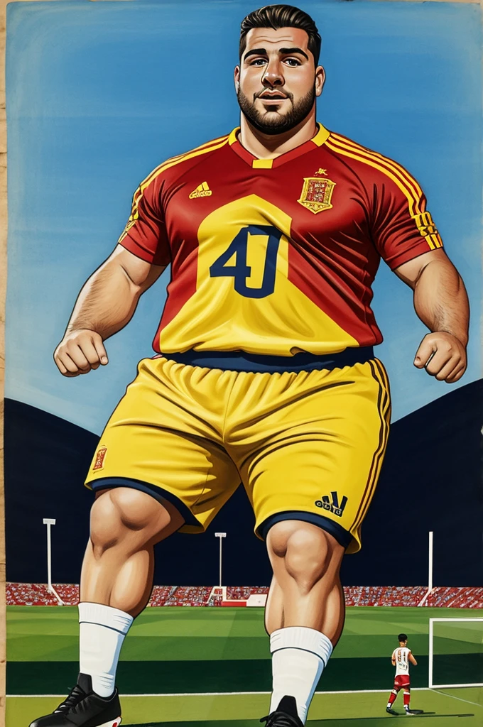 Gavi player of the Spanish national team in caricature with a big boy body head and a football landscape