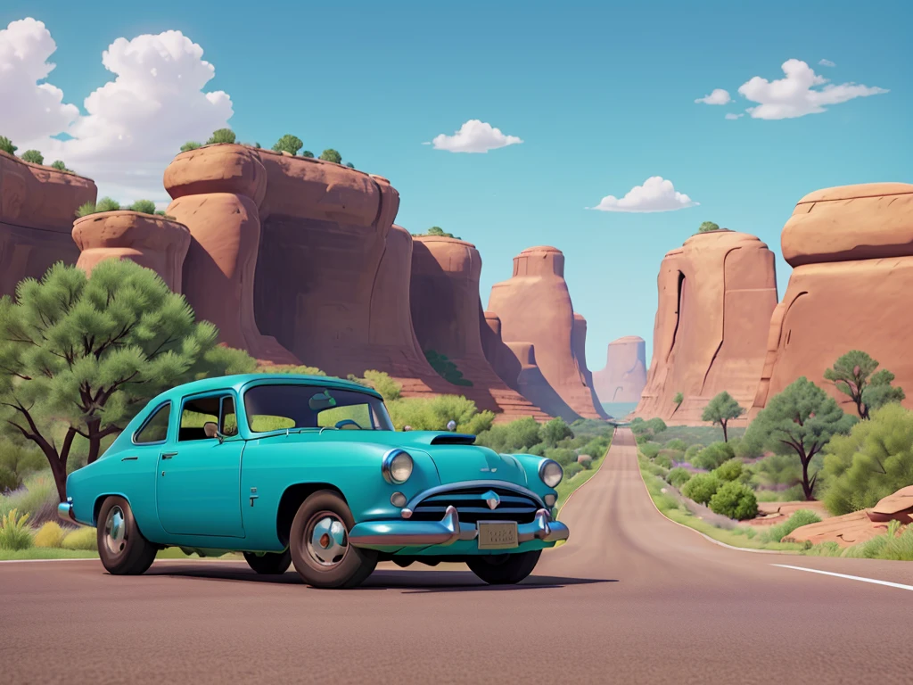 Image in aspect ratio 4:3; route 66 scenery; blue and lilac sky; green vegetation; Route 66 sign on the side of the road; gray highway; disney pixar style; qualidade hd; photo angle taken 150cm from the ground ; High definition; Canyons; Cactos