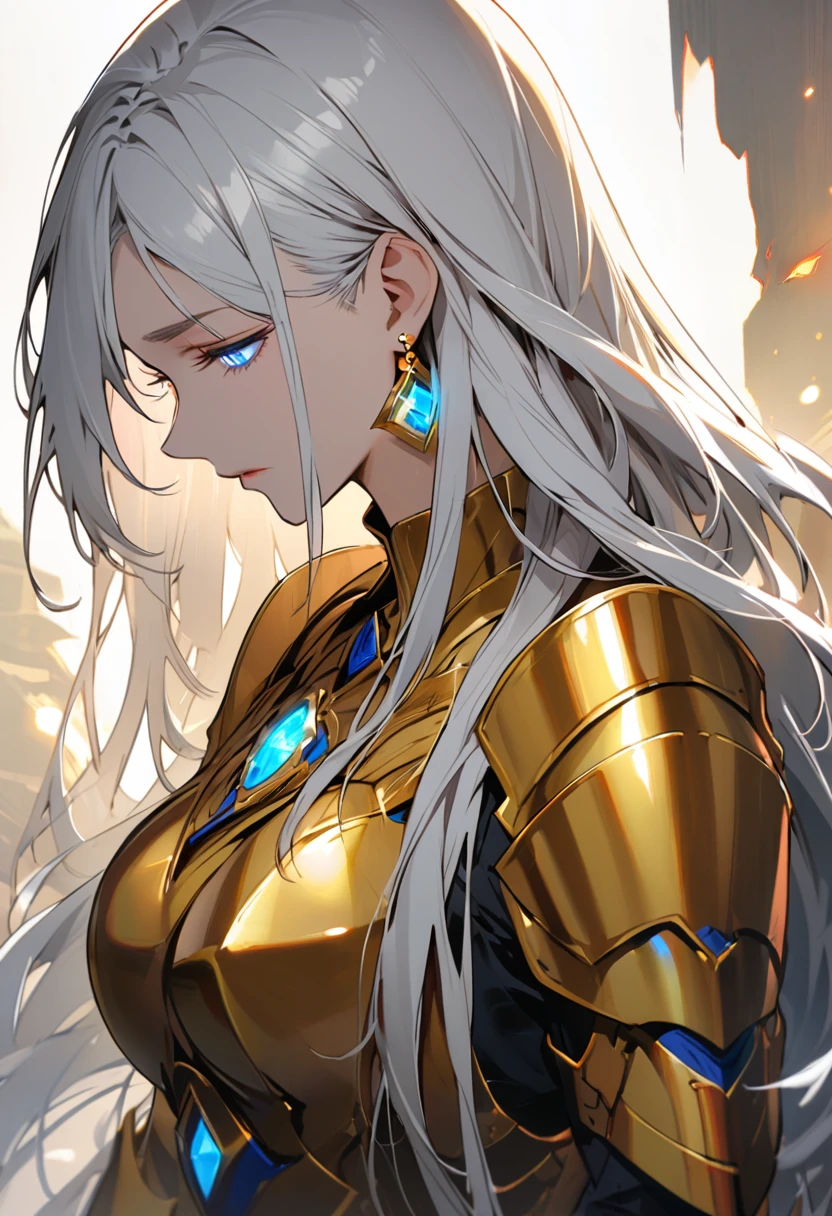 woman, blue eyes, long hair, white hair, mature, god eyes, diamond earings, gentle, side view, golden armor, half eyes, keep the head down, god eyes, glowing eyes