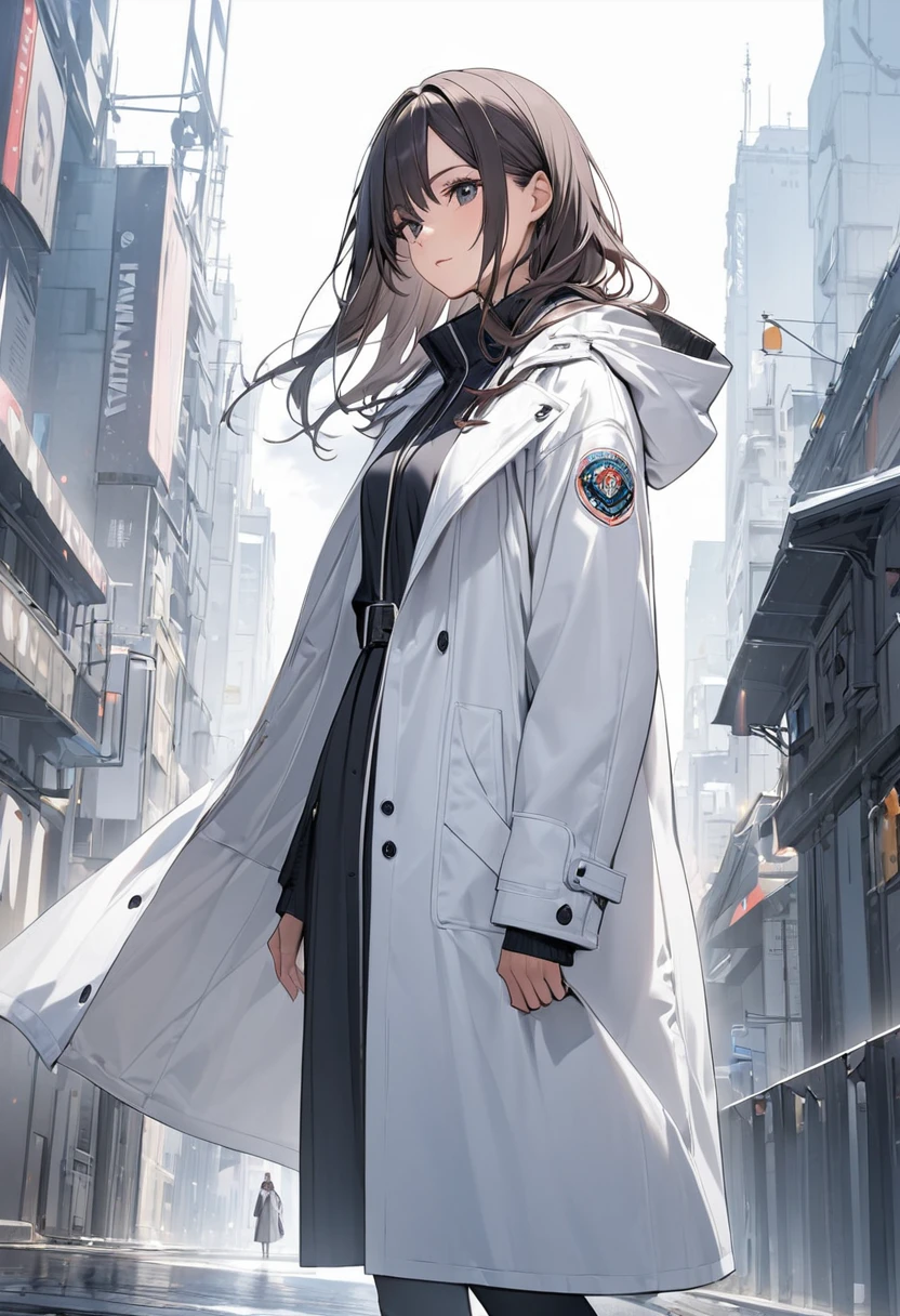 A woman in a white coat is standing