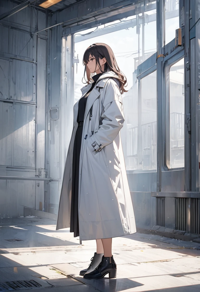 A woman in a white coat is standing