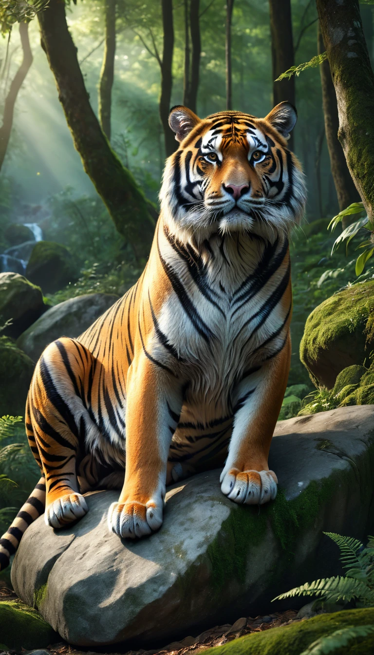 Panorama，A wild beast is sitting on a rock in the forest，The tail of the cow，The body of a tiger（best quality，4K，8K，High level，masterpiece：1.2），Ultra Detailed，（lifelike，Photo real，Photo real：1.37），Highly detailed animals，Complex patterns，Realistic lighting，Fantasy Creatures