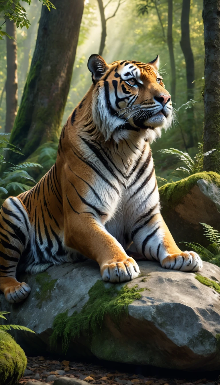 Panorama，A wild beast is sitting on a rock in the forest，The tail of the cow，The body of a tiger（best quality，4K，8K，High level，masterpiece：1.2），Ultra Detailed，（lifelike，Photo real，Photo real：1.37），Highly detailed animals，Complex patterns，Realistic lighting，Fantasy Creatures