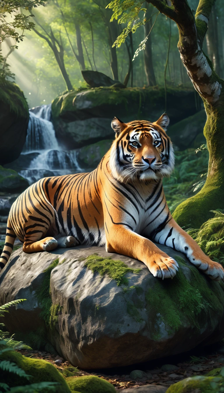 Panorama,A wild beast is sitting on a rock in the forest,The tail of the cow,The body of a tiger(best quality,4K,8K,High level,masterpiece:1.2),Ultra Detailed,(lifelike,Photo real,Photo real:1.37),Highly detailed animals,Complex patterns,Realistic lighting,Fantasy Creatures