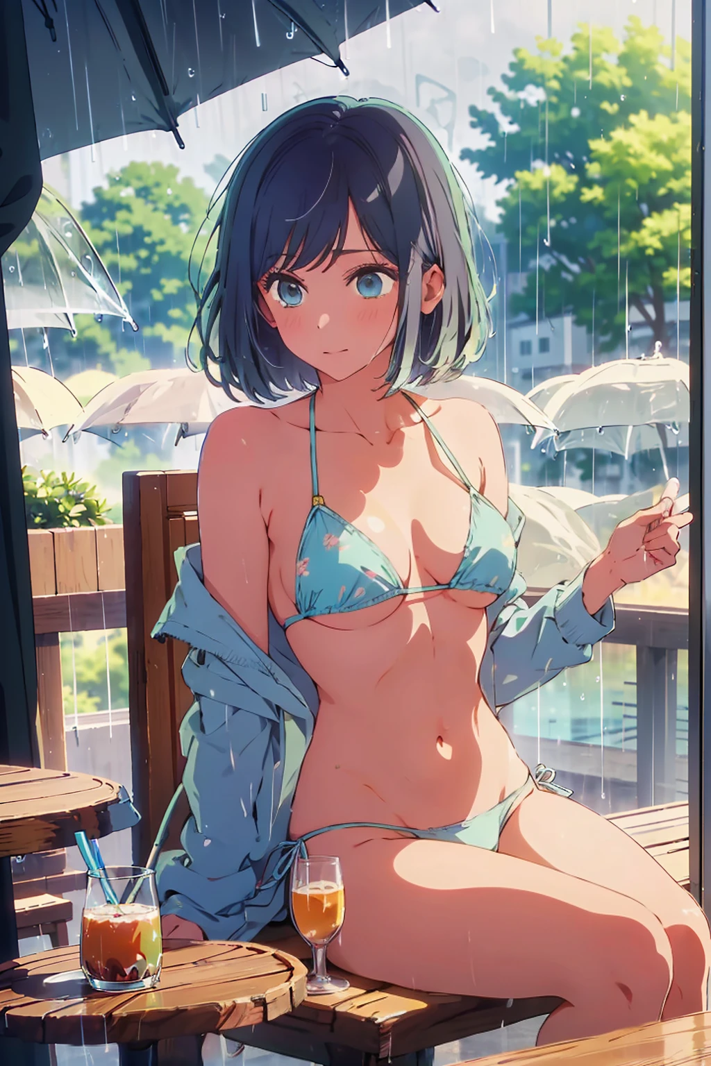 (Highest quality:1.4、masterpiece:1.4、Super detailed:1.4、8K:1.4)、((((1 person、Surprised expression、sit、Indoor cafe terrace、coastal、juice、table、Sandy Beach、juiceのグラスを持つ、Micro Bikini、Very soft boobs、Big eyes、Very cute face))))、(with clouds:1.4、with rain:1.4)、F cup bust、Medium breast、Underboob、Sideboob