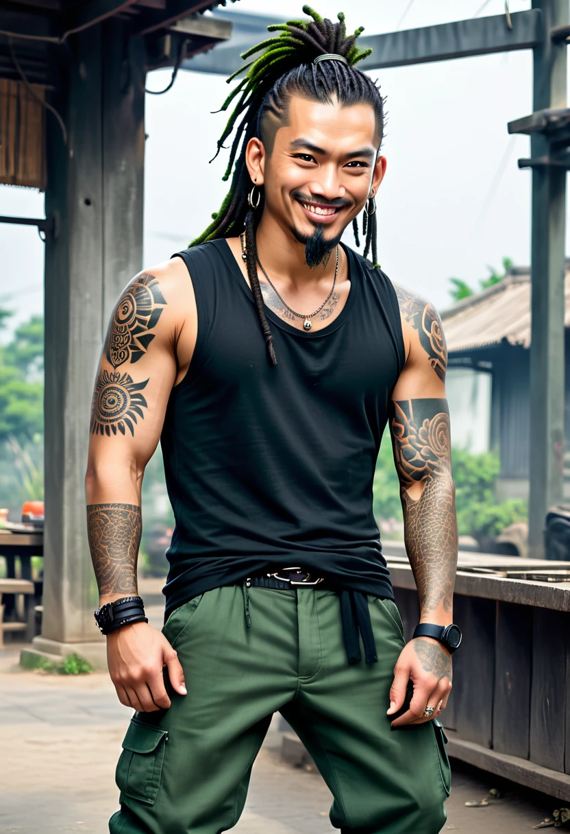 Wang appears as a man with a fair construction and a rather horrible look on his face that reflects his true personality with his cruel smile and slanted eyes, His chin is quite elongated and he is shaved. He has dark hair styled in dreadlocks. He wears a black vest without sleeves with a number 8 on the back, a gray tank top and dark green pants which is also the uniform used by his clan comrades. In addition, to prove that he is the leader of the clan, he also has several tattoos on his arm. He two percing at both ends of his lips, and he sports a sadistic smile. [Male] [Cruel] [Sadistic] [Muscular] [Tattoos] [Dreadlocks] [Scary Face]