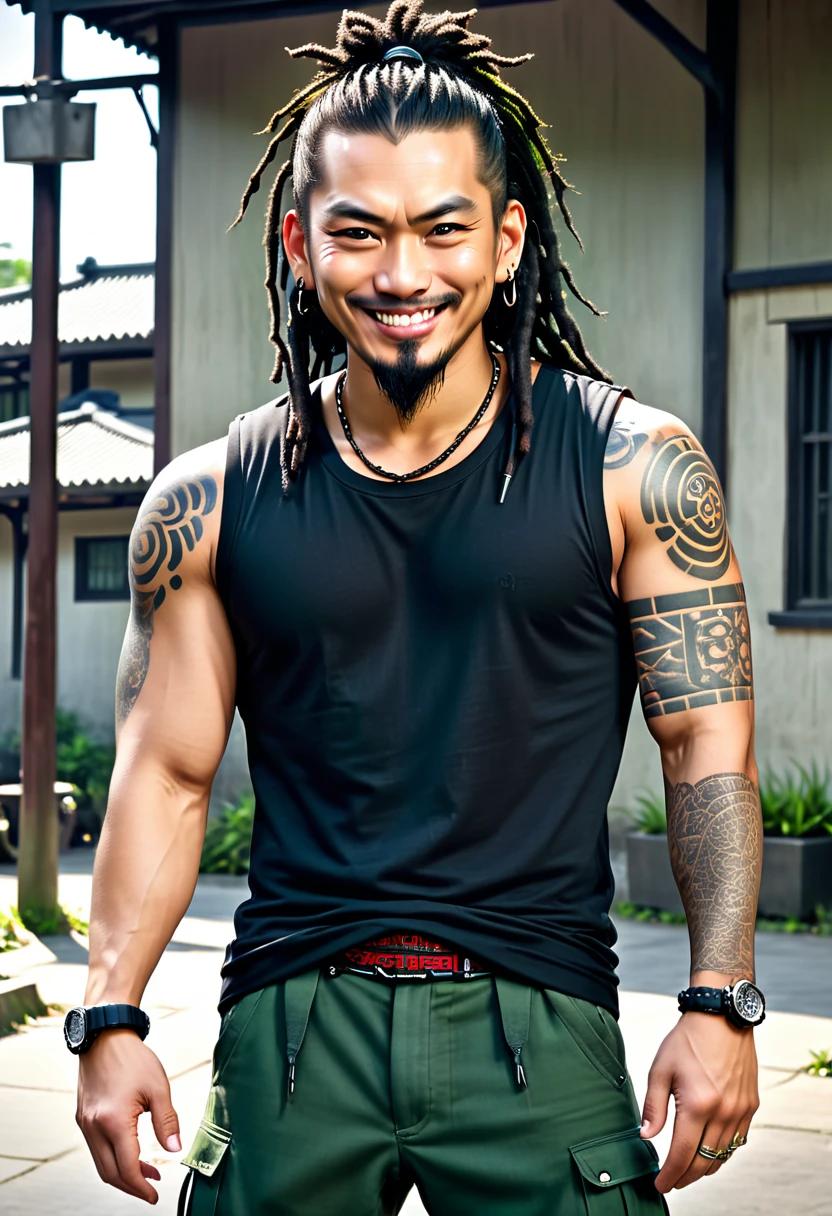 Wang appears as a man with a fair construction and a rather horrible look on his face that reflects his true personality with his cruel smile and slanted eyes, His chin is quite elongated and he is shaved. He has dark hair styled in dreadlocks. He wears a black vest without sleeves with a number 8 on the back, a gray tank top and dark green pants which is also the uniform used by his clan comrades. In addition, to prove that he is the leader of the clan, he also has several tattoos on his arm. He two percing at both ends of his lips, and he sports a sadistic smile. [Male] [Cruel] [Sadistic] [Muscular] [Tattoos] [Dreadlocks] [Scary Face]