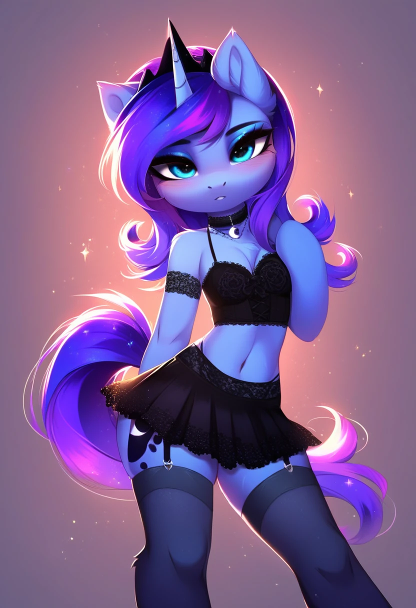 check_9, check_8_up, check_7_up, source_fluffy, rating_safe, from Magnaluna, Luna poses seductively in a gothic bedroom, antro, blushing, blue body, purple mane, naked, big breast, black lingerie outfit, full body