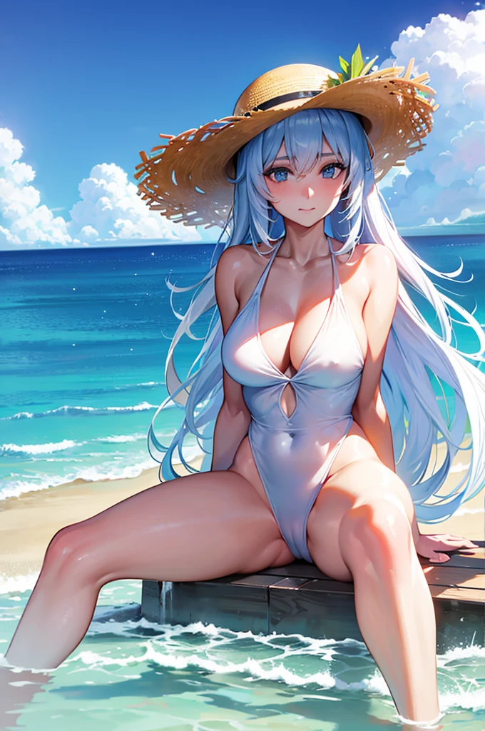 Beautiful woman, Hair blowing in the wind, Beach Background, Detailed light, White skin, Woman in swimsuit, straw hat, Ocean, Ocean辺, Sitting