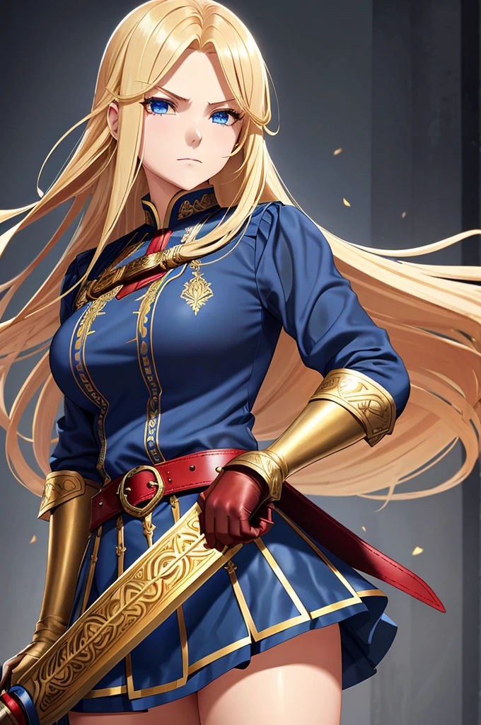 20-year-old girl, long blonde hair, blue eyes, angry expression, long dark blue skirt with gold embroidery at the hem, old-fashioned blue blouse with long fitted sleeves, adorned with red details, red leather gloves that reach her elbows, dark brown leather boots that reach mid-calf, leather belt adorned with a golden buckle and red details, her weapon is a huge greatsword with a gold and red decorated handle, hanging on her back in an ornate sheath.