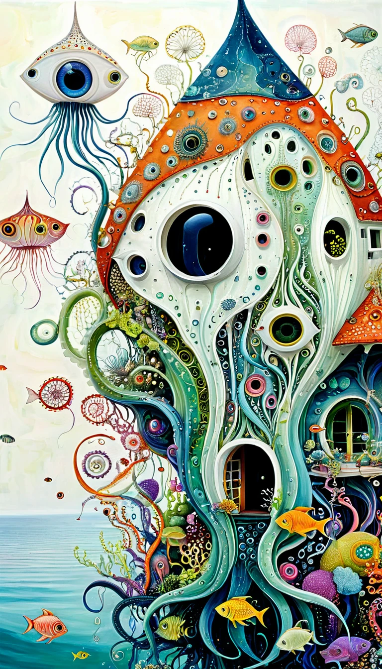 &quot;Dick Ellescas Artist Style&quot;,A strange house on a calm sea，fish，，Tentacles，Eye、diatom，Stitching together an abstract painting，Describing the inner world of autistic people，Sense of space，White Space，interesting，Innocence，Psychedelic Art，theme