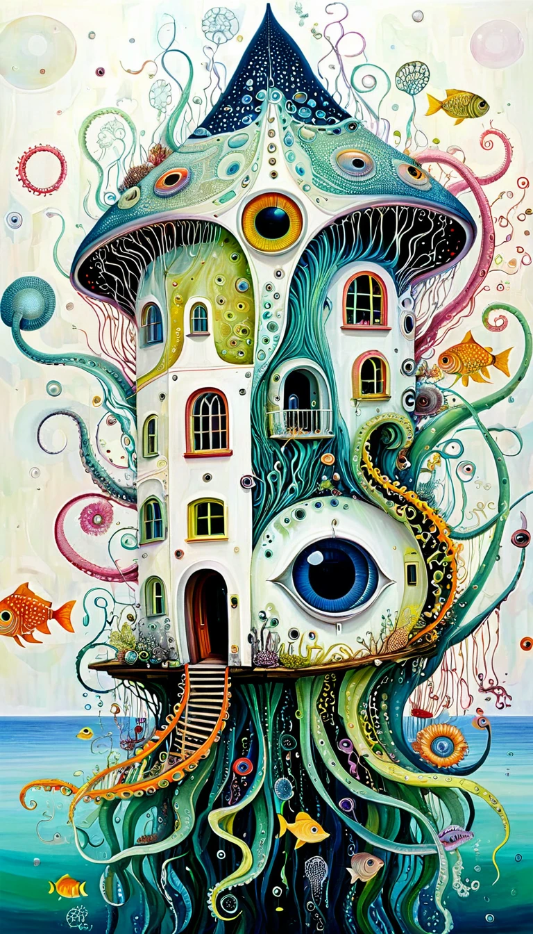 "Dick Ellescas Artist Style",A strange house on a calm sea,fish,,Tentacles,Eye、diatom,Stitching together an abstract painting,Describing the inner world of autistic people,Sense of space,White Space,interesting,Innocence,Psychedelic Art,theme