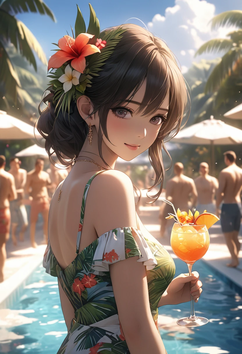 ( Correct and perfect anatomy )Half-length foreground of an attractive woman holding a cocktail glass(close up), There is a pool party scene with tropical flowers in the background. A group of happy handsome men and beautiful women celebrate a pool scene of friendship., masterpiece, Intricately detailed exotic tropical island scenery movie scene tropical paradise super detailed,complicated,Film perspective,The use of light and shadow in CG art is bright, High-quality animation style presentation