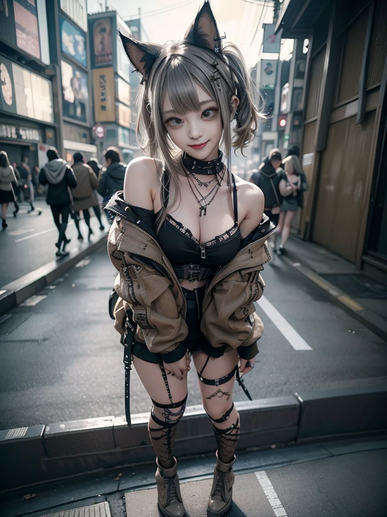 (Full Body View:1.2)、(Smiling with teeth showing:1.3),(Shibuya Gal:1.5)、(Beautiful:1.5)、(Neo-goth fashion:1.5)、(Punk RockVisual Kei:1.5)、(An off-the-shoulder hoodie in khaki and brown with delicate silver accessories.:1.5)、(A corset with a delicate beige and brown design:1.4)、(Khaki and brown snakeskin bodysuit:1.5)、(head band:1.3)、(Beige and charcoal knee socks:1.4)、Embellished collar and long boots、(I&#39;m selling snake print underwear.:1.4)、(Long eyelashes:1.3)、(20-year-old)、((Highest quality、8k、masterpiece:1.3))、1 Female、Slim and beautiful abs:1.3、(hairstyle casual、Beautiful boobs:1.1)、(Doing an aerobics pose:1.3)、dress:1.1、Super small face、Narrow eyes、double eyelid、A sloppy smile、Esbian all over、Dynamic Angle、Close-up、CPL Filter、Blurred Background、Bokeh、Blue Hour、Detailed face and skin texture、Detailed eyes、,(Twin tails:1.3)、(Black brown hair:1.3)、Gravure idol、(The background is a glamorous dance hall:1.3)、(Make your legs thinner:1.4)、(Slim body:1.3)、(clavicle:1.1)
