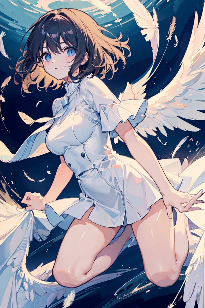 Gorgeous adult woman, Medium Hair, bangs, Perfect Eyes, Soft Light, high quality, 4K resolution, ((Angel)), An Angel with wings on his back, an Angel descending from the sky, Feathers scattered in the background, Light shining from above, At the Cathedral