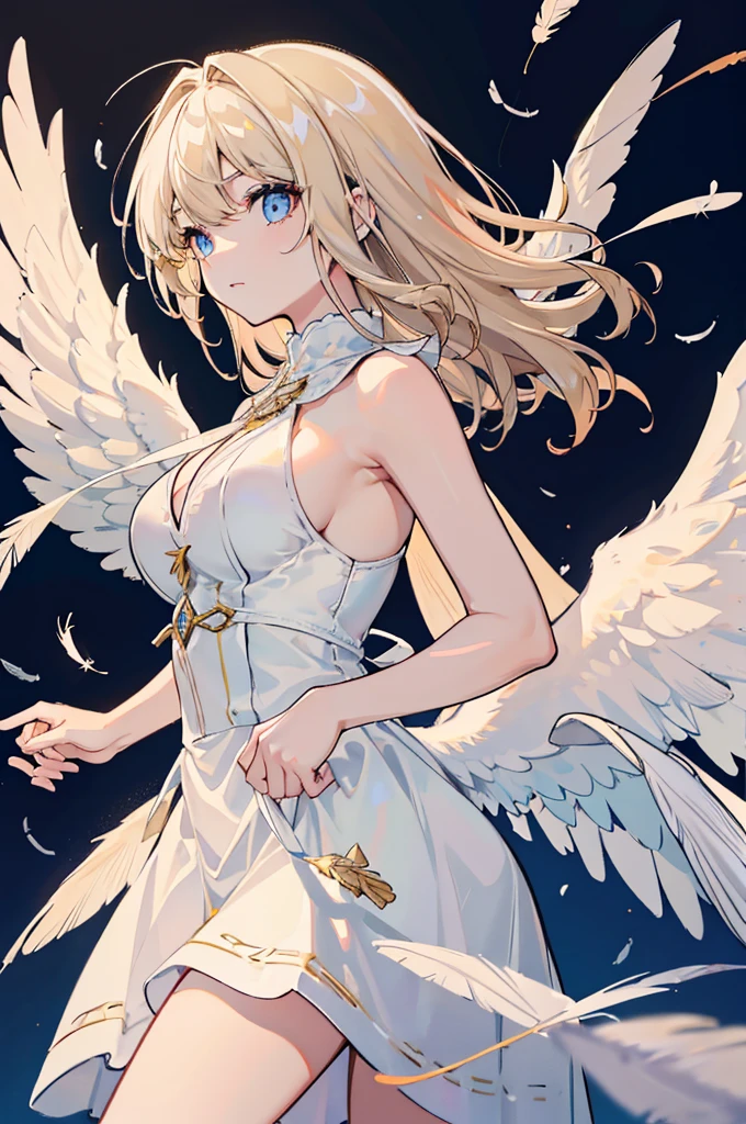 Gorgeous adult woman, Medium Hair, bangs, Perfect Eyes, Soft Light, high quality, 4K resolution, ((Angel)), An Angel with wings on his back, an Angel descending from the sky, Feathers scattered in the background, Light shining from above, At the Cathedral
