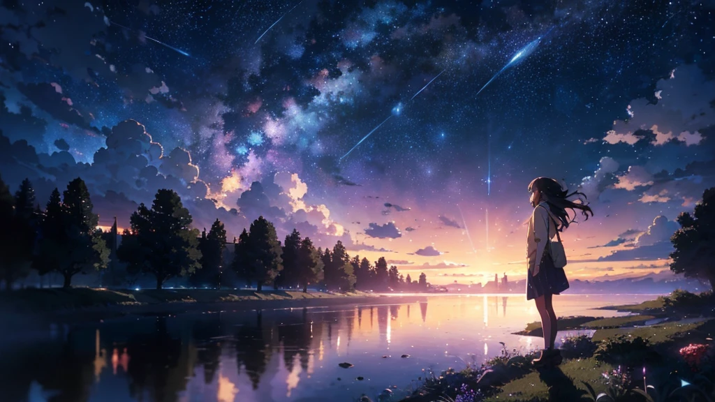 masterpiece, Concept Art, Panorama, figure, Wide Shot, One girl, Are standing, cliff, Flower Field, night, (Meteors), Space galaxy background, (A magnificent composition, Epic proportions), Dynamic Lighting, 鮮やかなcolor, makoto shinkai, Your name is inspiration, High quality , landscape, Animated train passing through water on the tracks, Bright starry sky. break Romantic train, Pixiv, Concept Art, Lofi Art style, reflection. by Makoto Shinkai, Lofi Art, Beautiful anime scene, break Anime landscape, detailedなlandscape, in Makoto Shinkai's Style, Makoto Shinkai's Style, 強化されたdetailed, break,detailed,Realistic,4K の非常にdetailedなデジタルアート,Octane Rendering, Bioluminescent, break 8K resolution Concept Art, realism,Mappa Studio,masterpiece,Highest quality,Official Art,figure,Clear lines,(nice_color),Perfect composition,Absurd, Fantasy,Concentration