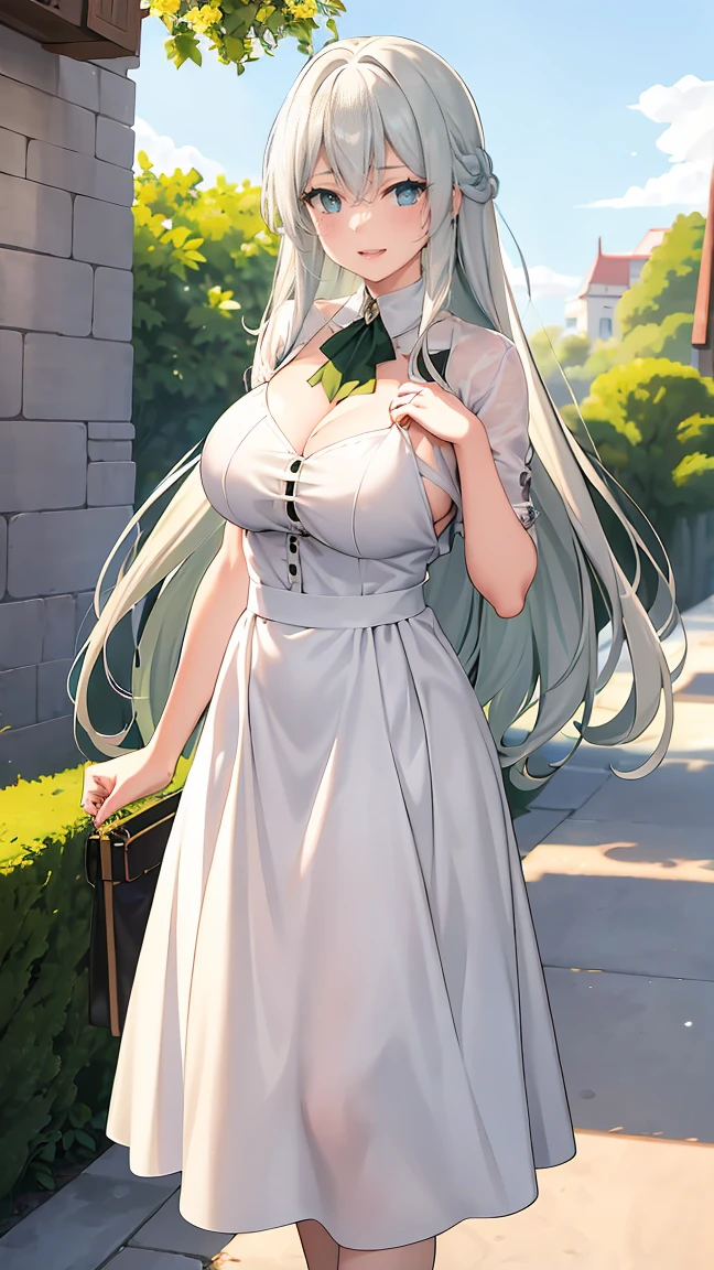 Girl with long green hair,Inner color and white hair、 Small breasts, Green Eyes, White Casual Wear Beauty Special、(((tits))),Full body photo from head to toe、A dignified atmosphere、Proud gesture、、Alluring face、Functional、lure、Taunt、Attractive adult woman、Confident expression、Sharp Eyes、Sister。Older sister