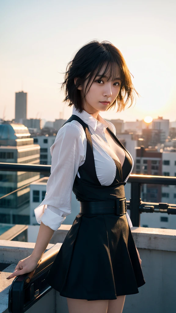(Highest quality,masterpiece:1.3,Ultra-high resolution),(Very detailed,Caustics,8K),(Realistic:1.4,RAW shooting),(Shrapnel),Japanese,23 years old,cute,Are standing,(Looking at the camera with a sad expression),Black hair medium hair,Big Breasts,White blouse,Knee-length skirt,Strong winds,Hair blowing in the wind,rooftop,Backlight,sunset,sunset sky,Waist up shot,Natural light,1 person