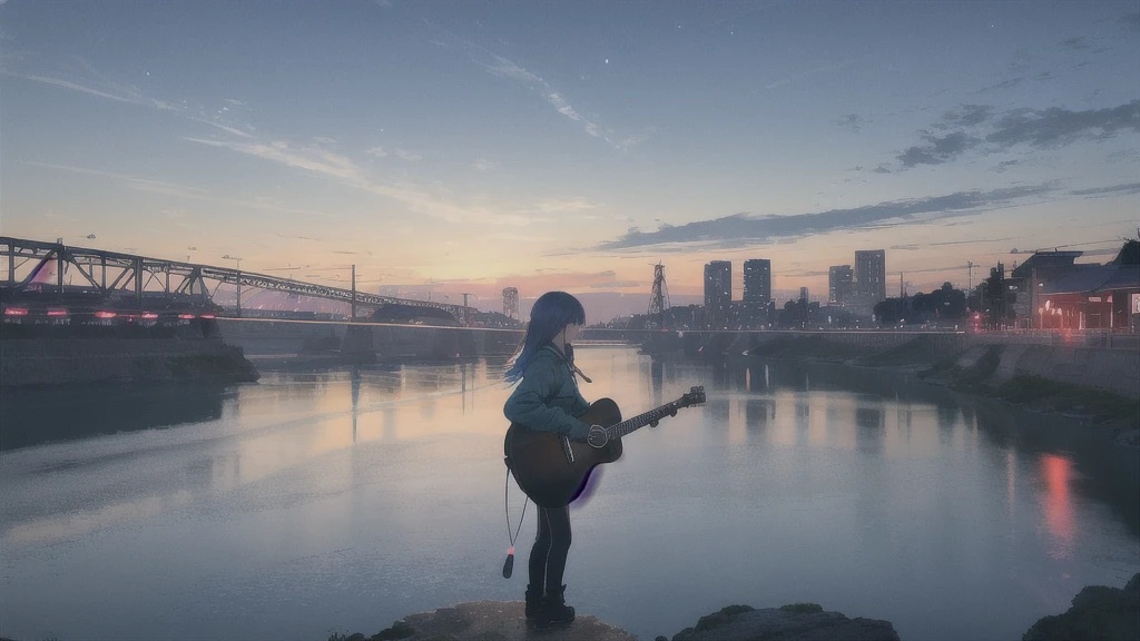 Acoustic guitar,真っ暗なnight空,Octane, star (null), scenery, Blue parakeet,Acoustic guitarは身体の前,star, night, Girl, Back view, Outdoor, city,river,Blue parakeet,building, cloud, 天のriver,silhouette