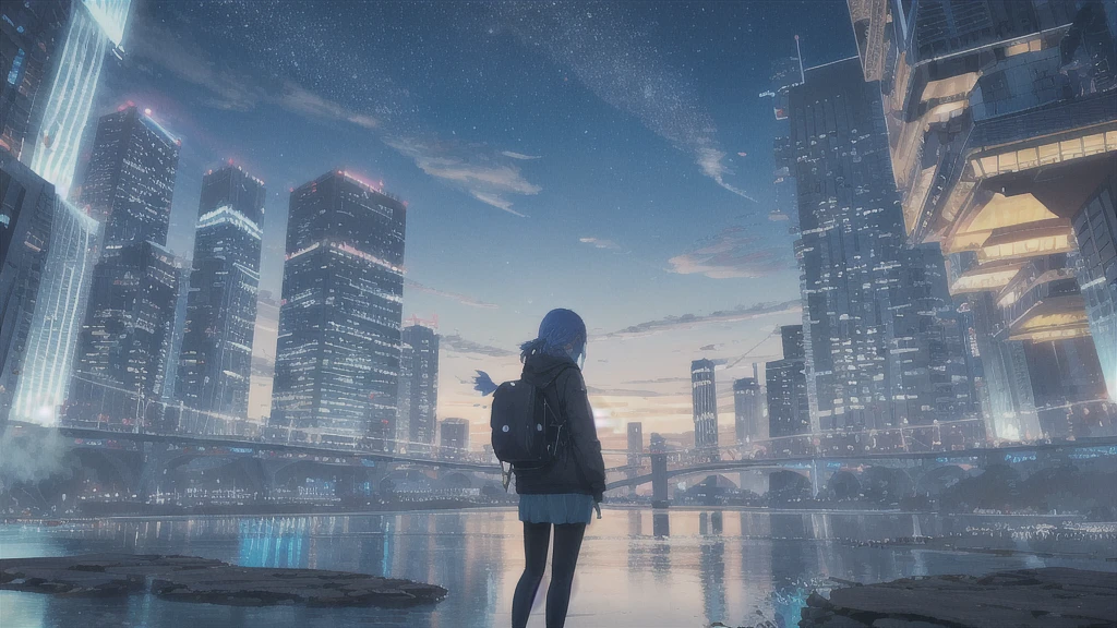 Acoustic guitar,真っ暗なnight空,Octane, star (null), scenery, Blue parakeet,Acoustic guitarは身体の前,star, night, Girl, Back view, Outdoor, city,river,Blue parakeet,building, cloud, 天のriver,silhouette