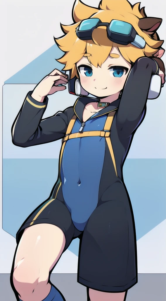 Two-dimensional boy,One-piece wetsuit,horn,Cow ears,Put the headphones on your head,stand up,goggles,sports shoes,Slim,happy,Sailor collar,Knee socks,Short sleeve