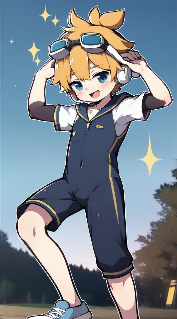 Two-dimensional boy,One-piece wetsuit,horn,Cow ears,Put the headphones on your head,stand up,goggles,sports shoes,Slim,happy,Sailor collar,Knee socks,Short sleeve