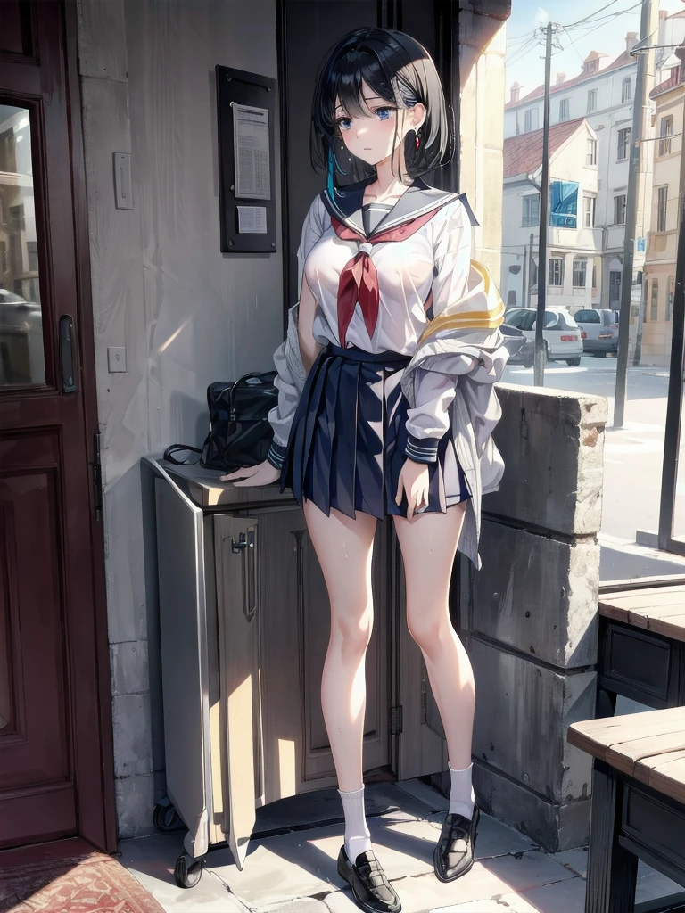 absurdres, RAW photo, extremely delicate and beautiful, masterpiece, Best Quality, ultra high resolution, 32k, hyperrealistic, ultra-detailed, perfect figure, in her 20s, very small head, very small face, delicate facial features, tearful mole, earring, huge breasts, legs, full body shot, medium hair, black hair, Colored inner hair, sweat, school_uniform,