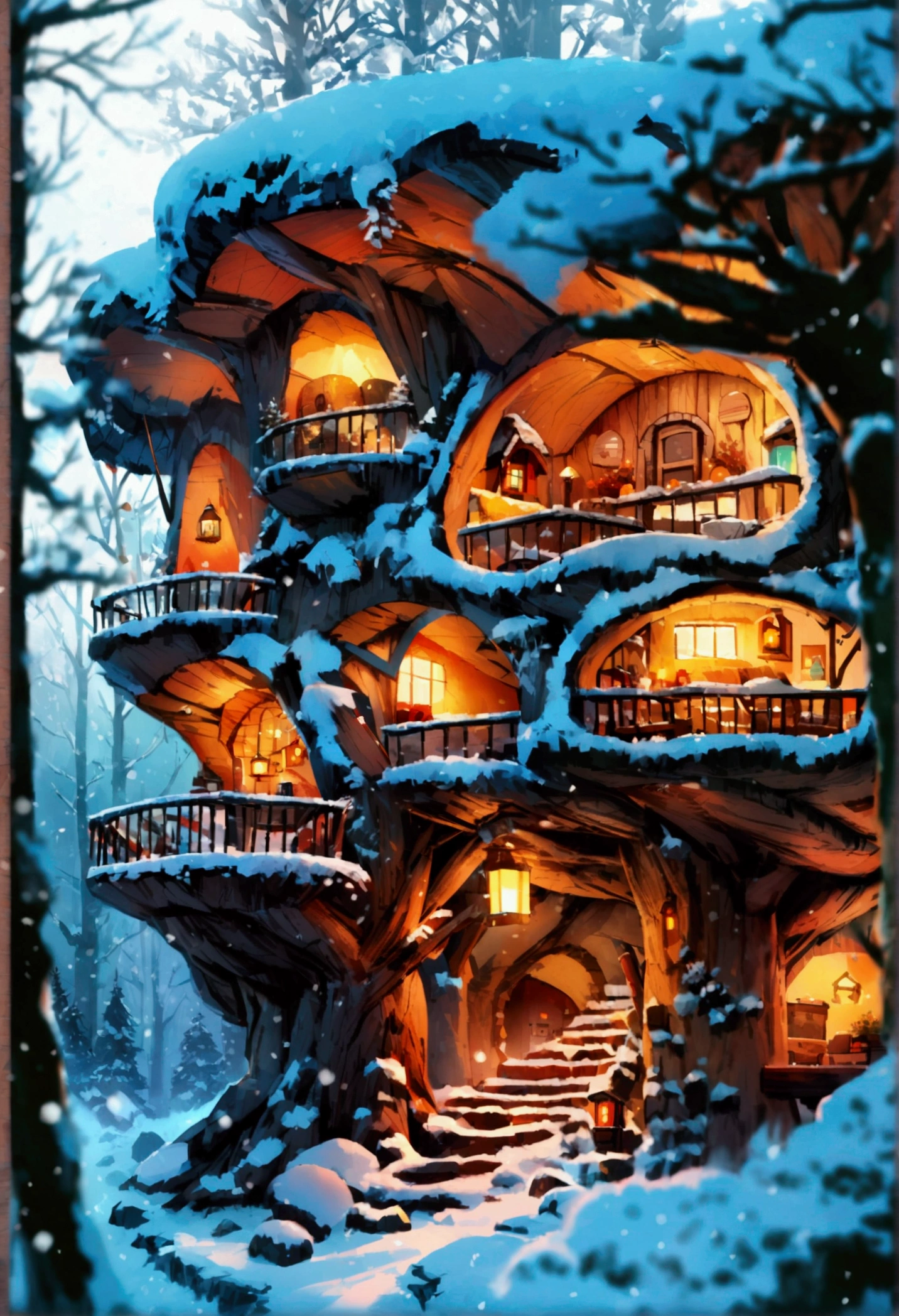 A detailed illustration of an underground home carved into a tree trunk during winter, showing a cozy interior with multiple rooms connected by stairs, and an exterior scene of a snowy forest with warm lights glowing from tiny windows.