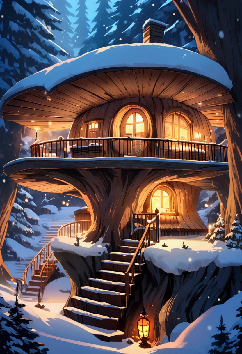 A detailed illustration of an underground home carved into a tree trunk during winter, showing a cozy interior with multiple rooms connected by stairs, and an exterior scene of a snowy forest with warm lights glowing from tiny windows.