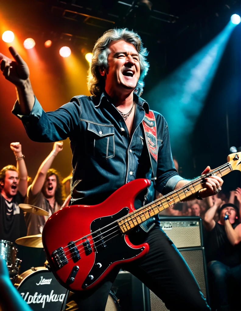 James May, dressed in a classic rock-inspired outfit, detailed face, he plays bass guitar on stage during a high-energy performance. The setting is a dimly lit, crowded rock club with a retro aesthetic. James is centered in the frame, his bass guitar at the ready. The background is filled with a sea of enthusiastic fans, all cheering and waving their hands in the air. The lighting is dramatic, with spotlights highlighting James's energetic pose. The overall mood is electric and lively, capturing the excitement of a live rock concert, ultrasharp focus, ultra high resolution