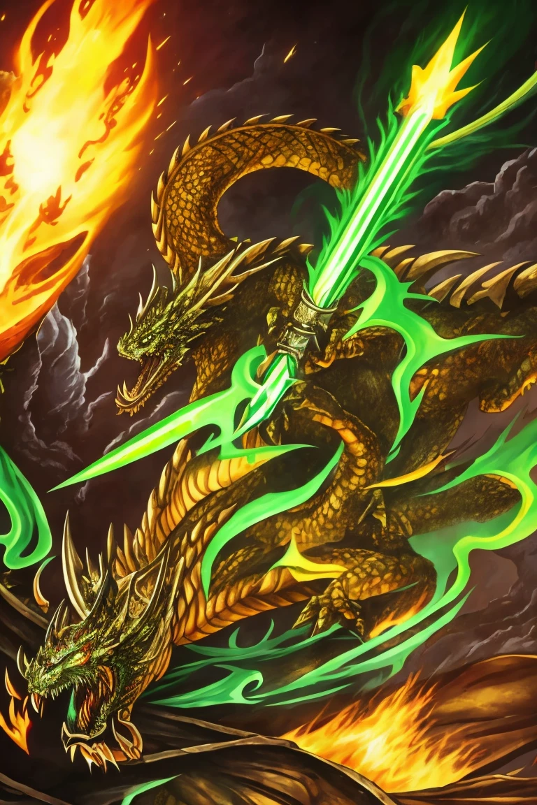 One-armed demon dragon with a huge sword in his hand covered in green flames