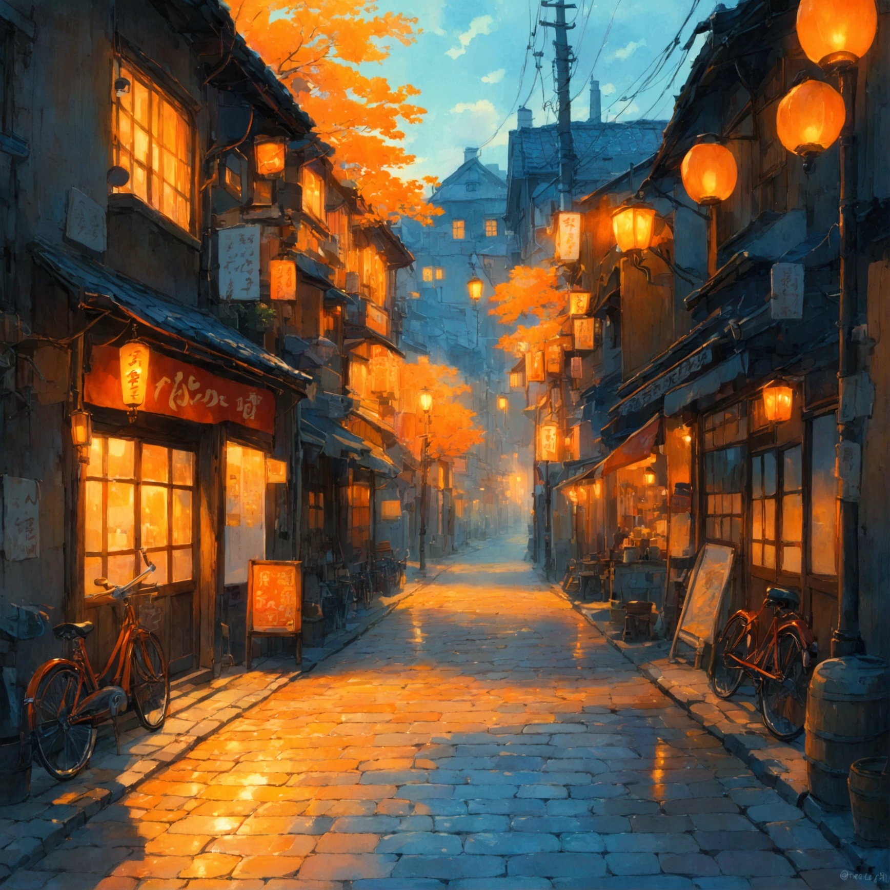 At dusk, Orange streetlight, Nostalgic cobblestones, A slightly tilted electric pole, Rusty bicycle, Hand-drawn signboard, 「coffee」Character, Warm wooden door, Cloudy frosted glass, Noren curtain fluttering in the wind, Warm light leaking from inside the store, coffeeの香り, Nostalgic Jazz, Expectation, Calmness, Ghibli, anime