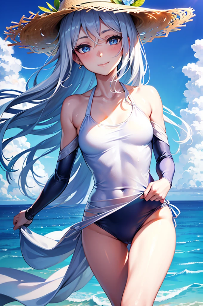 Beautiful woman, Hair blowing in the wind, Sparkling blue eyes, Realistic, masterpiece, Detailed, 4K, Beach Background, Detailed light, A small smile, White skin, Woman in swimsuit, straw hat, Ocean, Rash guard, bikini, Ocean辺, Ukiwa