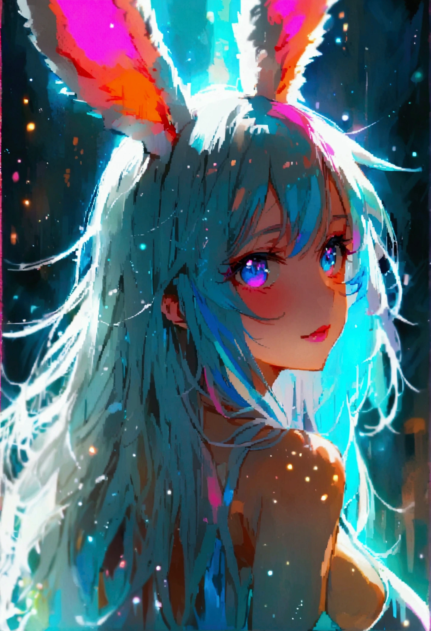 
Anime girl, bunny ears, long hair, two-tone eyes, blue left eye, pink right eye, white-grey hair, pink strands, large breasts, , light from the front. Turn forward, beautiful anime girl.