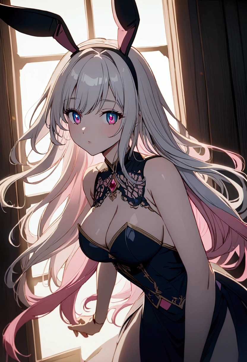 Anime girl, bunny ears, long hair, two-tone eyes, blue left eye, pink right eye, white-grey hair, pink strands, large breasts, , light from the front. Turn forward, beautiful anime girl.