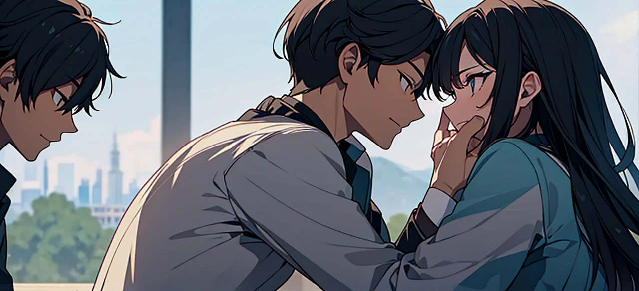 A woman and a man look at each other