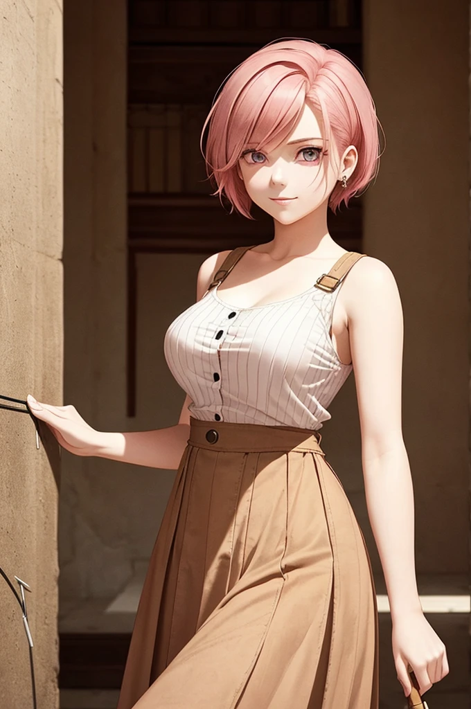 20 years old, with short pink hair just below the shoulders, pale pink eyes, and an expression that is serious yet happy. She dresses in an antique style, wearing a long light brown skirt, a sleeveless white blouse with a vertical red line down the center on the buttons, brown gloves, and high boots with many straps. Her weapons are hundreds of needles connected by thread. 